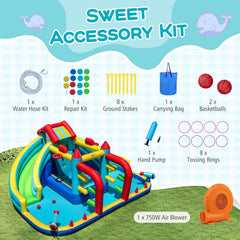 Double Water Slide Park with Obstacle Course, Twin Cannons and 750W Blower, Ages 3 to 12