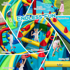 Double Water Slide Park with Obstacle Course, Twin Cannons and 750W Blower, Ages 3 to 12
