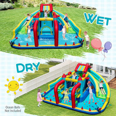 Double Water Slide Park with Obstacle Course, Twin Cannons and 750W Blower, Ages 3 to 12