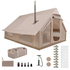 Inflatable, Easy Setup 4 Season Waterproof Oxford Camping Tent for Camping with Stove Jack for 6-10 Person-Beige