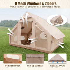 Inflatable, Easy Setup 4 Season Waterproof Oxford Camping Tent for Camping with Stove Jack for 6-10 Person-Beige