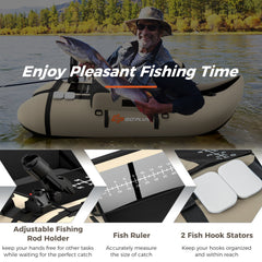 Inflatable Fishing Float Tube with Fish Ruler and Pump Storage Pockets-Beige