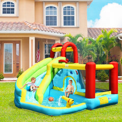6-in-1 Inflatable Bounce House with Climbing Wall, Basketball Hoop and Splash Pool