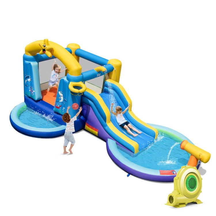 Ocean Themed Inflatable Bounce House with Surfing Slide, Two Pools and 680W Blower