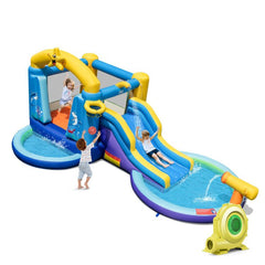 Ocean Themed Inflatable Bounce House with Surfing Slide, Two Pools and 680W Blower