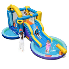 Ocean Themed Inflatable Bounce House with Surfing Slide, Two Pools and 680W Blower