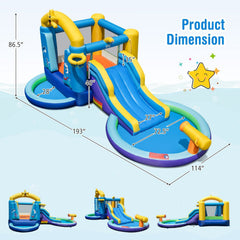 Ocean Themed Inflatable Bounce House with Surfing Slide, Two Pools and 680W Blower