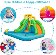 Inflatable Water Park with Double Slides, Curved Slide and Climbing Wall, No Blower