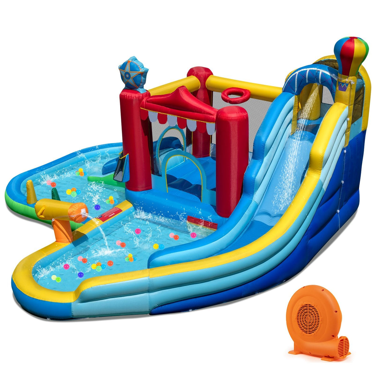 Inflatable Water Park with Splash Pool, 50 Ocean Balls and 750W Blower, Ages 3 to 12