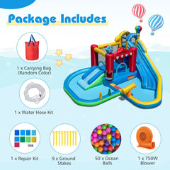 Inflatable Water Park with Splash Pool, 50 Ocean Balls and 750W Blower, Ages 3 to 12