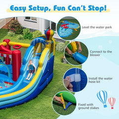 Inflatable Water Park with Splash Pool, 50 Ocean Balls and 750W Blower, Ages 3 to 12