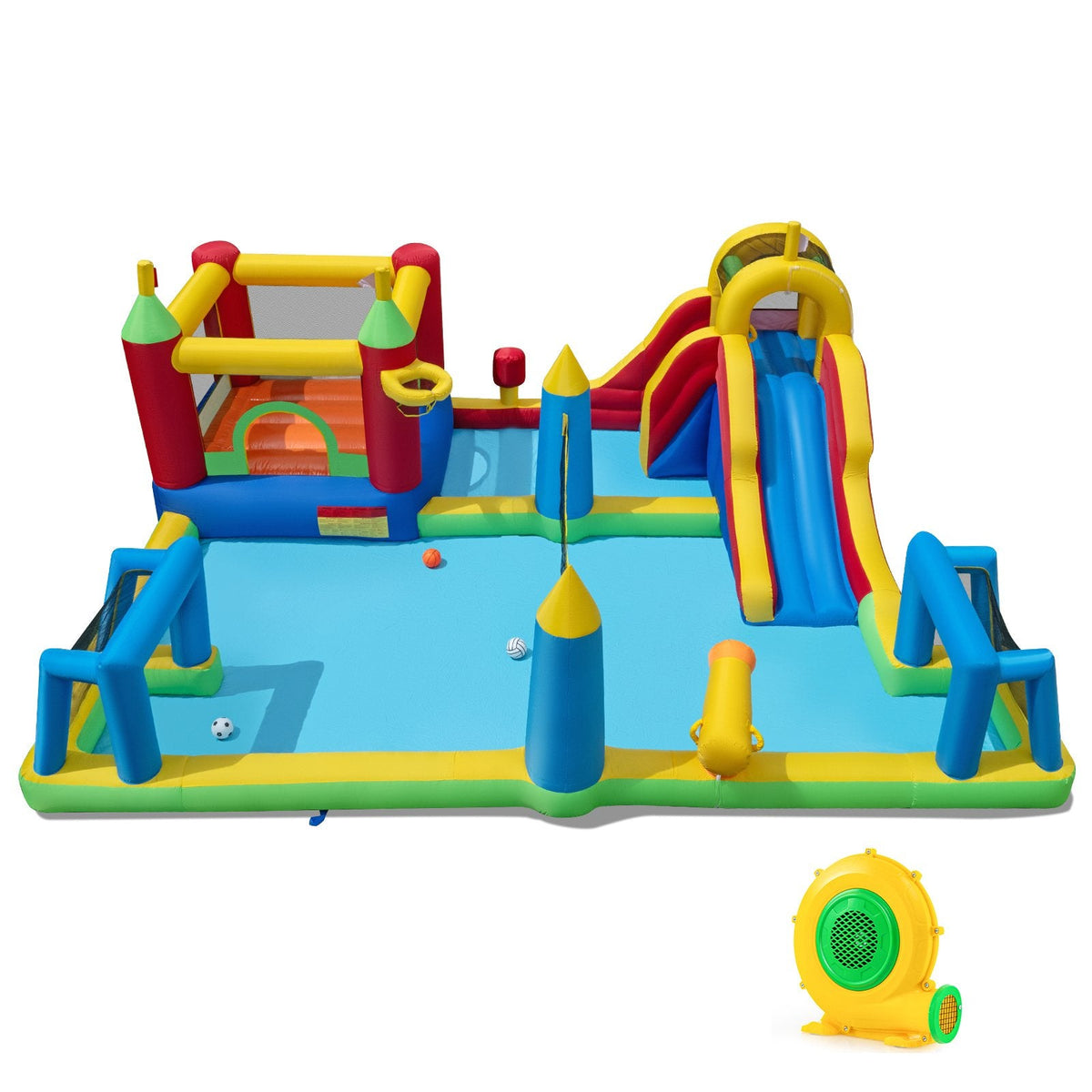 9 in 1 Inflatable Water Park with Climbing Wall, Splash Pool and 680W Blower, Ages 3 to 12