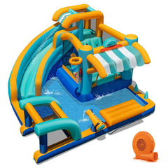 9 in 1 Inflatable Water Park with Football Goal, Basketball Rim and 750W Blower