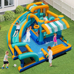 9 in 1 Inflatable Water Park with Football Goal, Basketball Rim and 750W Blower
