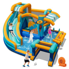 9 in 1 Inflatable Water Park with Football Goal, Basketball Rim and 750W Blower