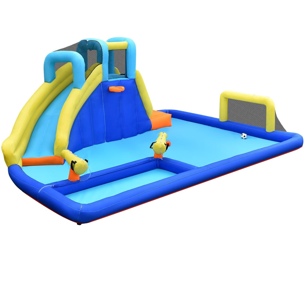 6-in-1 Inflatable Water Park with Soccer Goal, Water Guns and Climbing Wall, No Blower