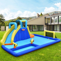 6-in-1 Inflatable Water Park with Soccer Goal, Water Guns and Climbing Wall, No Blower