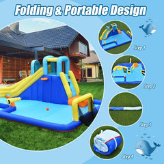 6-in-1 Inflatable Water Park with Soccer Goal, Water Guns and Climbing Wall, No Blower