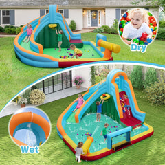 Inflatable Water Slide Park with Long Slide, Splash Pool, Climbing Wall and 680W Blower