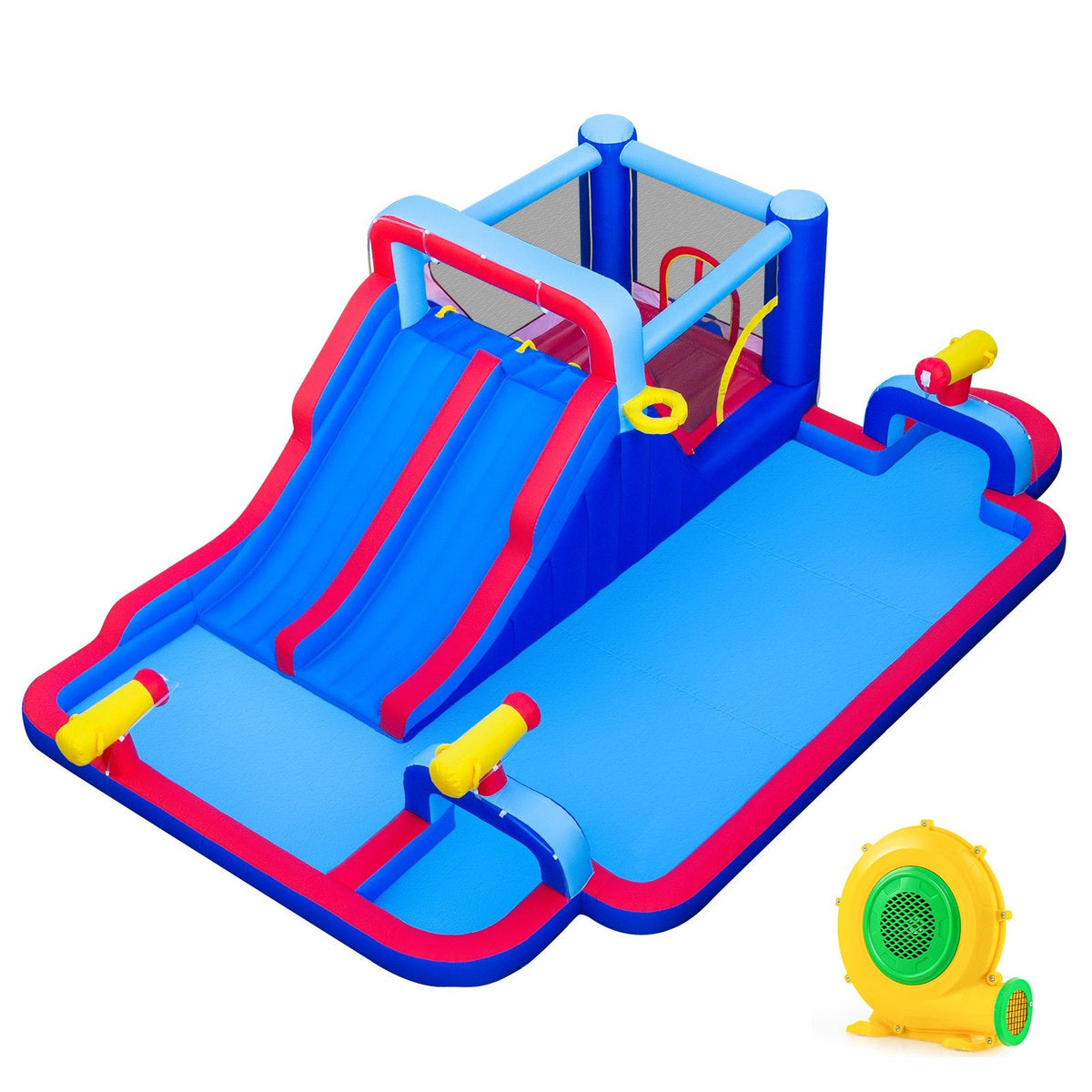 Giant Inflatable Water Park with Double Slides, Three Cannons and 750W Blower
