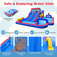 Giant Inflatable Water Park with Double Slides, Three Cannons and 750W Blower