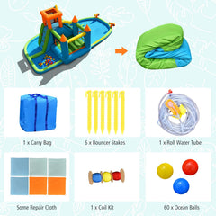Castle Inflatable Water Park with Crawling Tunnel, Ball Pit and 60 Ocean Balls, No Blower