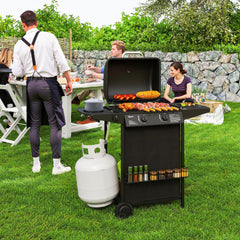 2+1 Burner Propane Gas BBQ Grill, Portable Gas Barbecue Grill with Side Burner, Thermometer, Lid, Side Table, Shelf, Spice Rack, Wheels, Grease Cup for Garden, Black