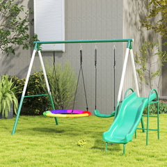 Metal Swing Set with Slide, Saucer Swing Seat, Heavy Duty A-Frame Stand and Adjustable Rope for Backyard, Dark Green
