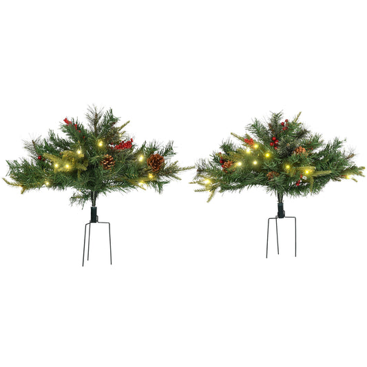 1.5 Foot/16 inch 2 Pack Prelit Artificial Christmas Tree Cordless with 69 Branches, Warm White LED lights, Red Berries, Pine Cones, for Outdoor Entryway, Green