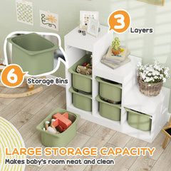 3 Layers Toy Storage Organizer Kids Bookshelf Children Toy Storage w/ 6 Plastic Bins, Green