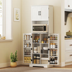 71.5" Tall Pantry Cabinet, Farmhouse Kitchen Storage Cabinet with Adjustable Shelves, 8 Door Spice Racks, Black