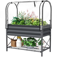 Raised Garden Bed with Cover, Metal Elevated Planter Box with Bottom Shelf and Liner, Black
