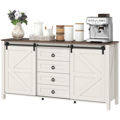 60" Buffet Cabinet, Farmhouse Sideboard with Sliding Barn Doors, Drawers and Adjustable Shelves, Cream White