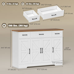 47" Buffet Cabinet with Soft-Close Hinges, Farmhouse Sideboard with 3 Drawers, Adjustable Shelves and Spice Racks, Black