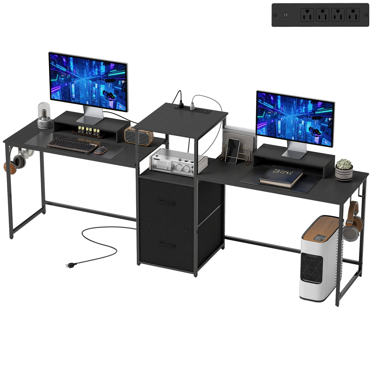 96 Inch Gaming Desk, Dual Computer Desk for 2 Person with Power Outlets and Monitor Stands, Black