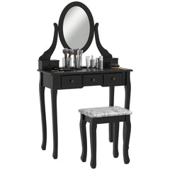 Vanity Desk with Stool, Makeup Vanity with 360° Rotating Oval Mirror, 5 Drawers and Padded Seat, Dressing Table for Bedroom, Black
