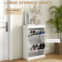 Shoe Storage Cabinet with 2 Flip Drawers and Adjustable Shelves, Narrow Shoe Cabinet for 10 Pairs of Shoes, White
