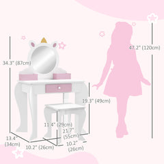 Kids Makeup Vanity Set with Stool, Mirror, Drawer, Storage Boxes, Unicorn Design, White