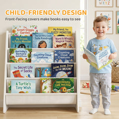 Fabric Kids Bookshelf, 4-Tier Toddler Sling Book Rack for Playroom, Bedroom, Nursery and Kids Room for Ages 3-6, White