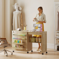 Sewing Machine Table on Wheels, Folding Craft Table with 2 Bins, Storage Shelf, 18 Pegs, Lockable Wheels, Brown
