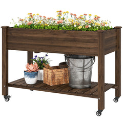 Mobile Raised Garden Bed Elevated Wood Planter Box with Lockable Wheels, Storage Shelf for Herbs Vegetables, Natural