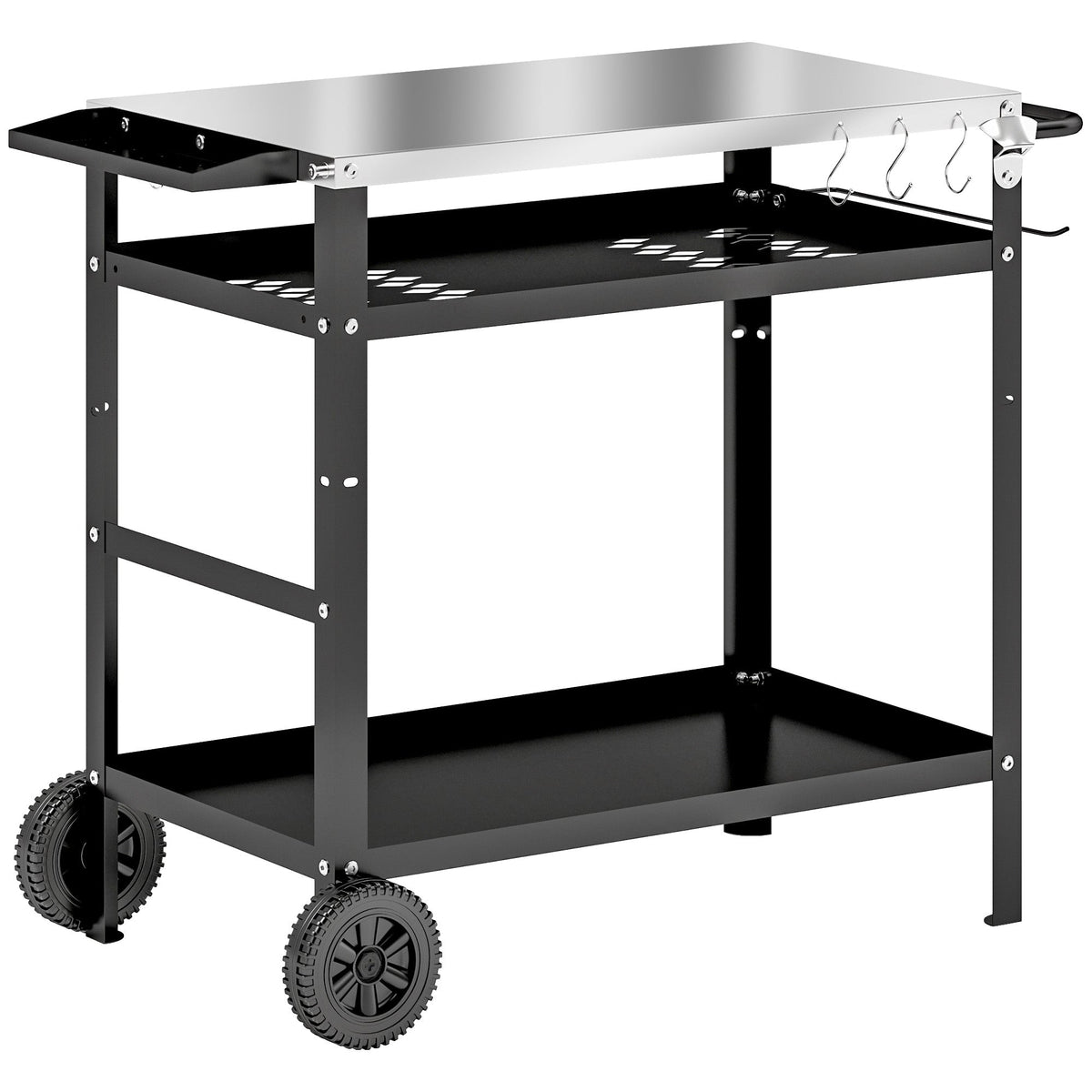 BBQ Stand with Stainless Steel Top Adjustable Shelf, Outdoor BBQ Station with Hooks Seasoning Tray Towel Rack