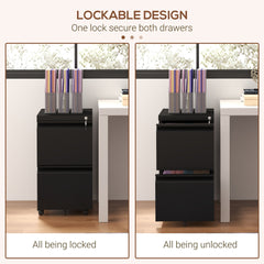 Mobile Vertical Filing Cabinet with Lock, 2-Drawer Steel File Cabinet with Adjustable Hanging Bar for Letter, A4 and Legal Size, Black