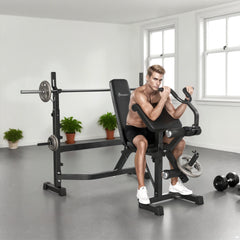 Weight Bench Stand with Squat Rack, Adjustable Olympic Bench, Multifunctional Arm Curl Pad, Leg Extension, Grey