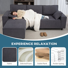 Corner Sofa with Changeable Chaise, Corduroy L-Shaped Sectional Sofa with Pocket Spring, 2 Pillows, Charcoal Grey
