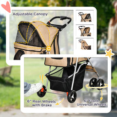 Cat Dog Stroller, One-click Foldable Pet Stroller w/Cup Holder, 4 Wheels Travel Carrier w/Brakes, 360° Swiveling Front Wheels, Storage Basket, for XS/Small Dogs Cats, Black
