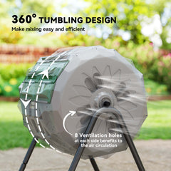 43 Gallon (160L) Tumbling Compost Bin Outdoor Dual Chamber 360° Rotating Composter with Sliding Doors, Solid Steel Frame and Gloves, Black