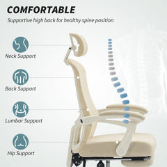 Ergonomic Office Chair, Mesh Reclining Desk Chair with Adjustable Lumbar Support, Headrest, Beige