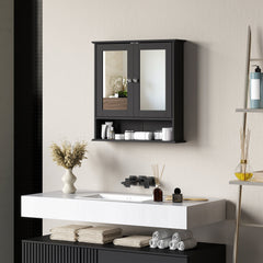 Medicine Cabinet, Wall-Mounted Bathroom Mirror Cabinet with Double Doors, Open Shelf, and Adjustable Shelf, Modern Bathroom Wall Cabinet, White