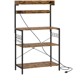 Kitchen Baker's Rack with Power Outlet, Coffee Bar Station with Adjustable Shelves and Hooks, Distressed Grey